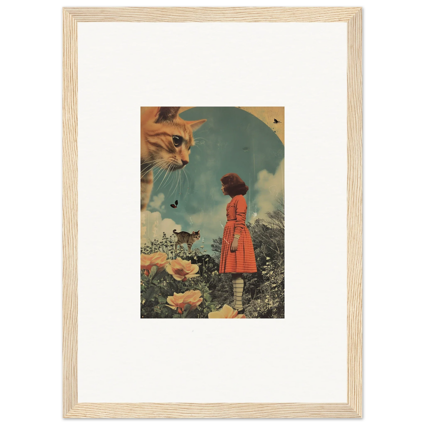 Framed surrealist collage of giant cat head over a person in red coat among flowers for room decor