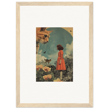 Framed surrealist collage of giant cat head over a person in red coat among flowers for room decor