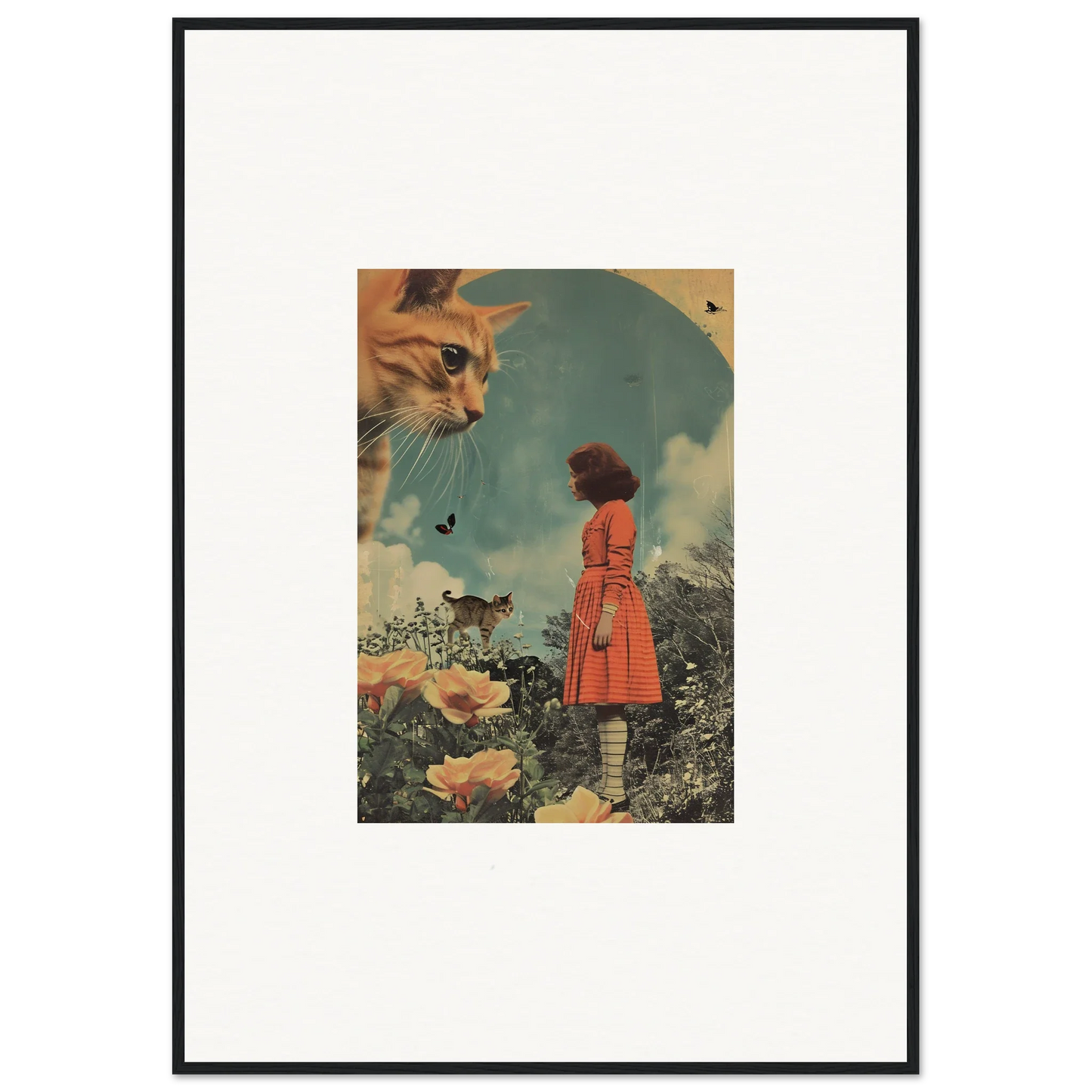 Framed wall art of surrealistic feline dimensions with a giant cat and a figure in red