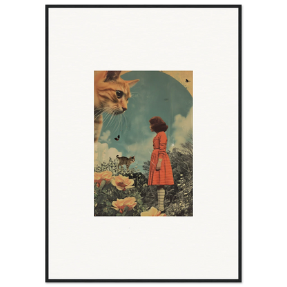 Framed wall art of surrealistic feline dimensions with a giant cat and a figure in red