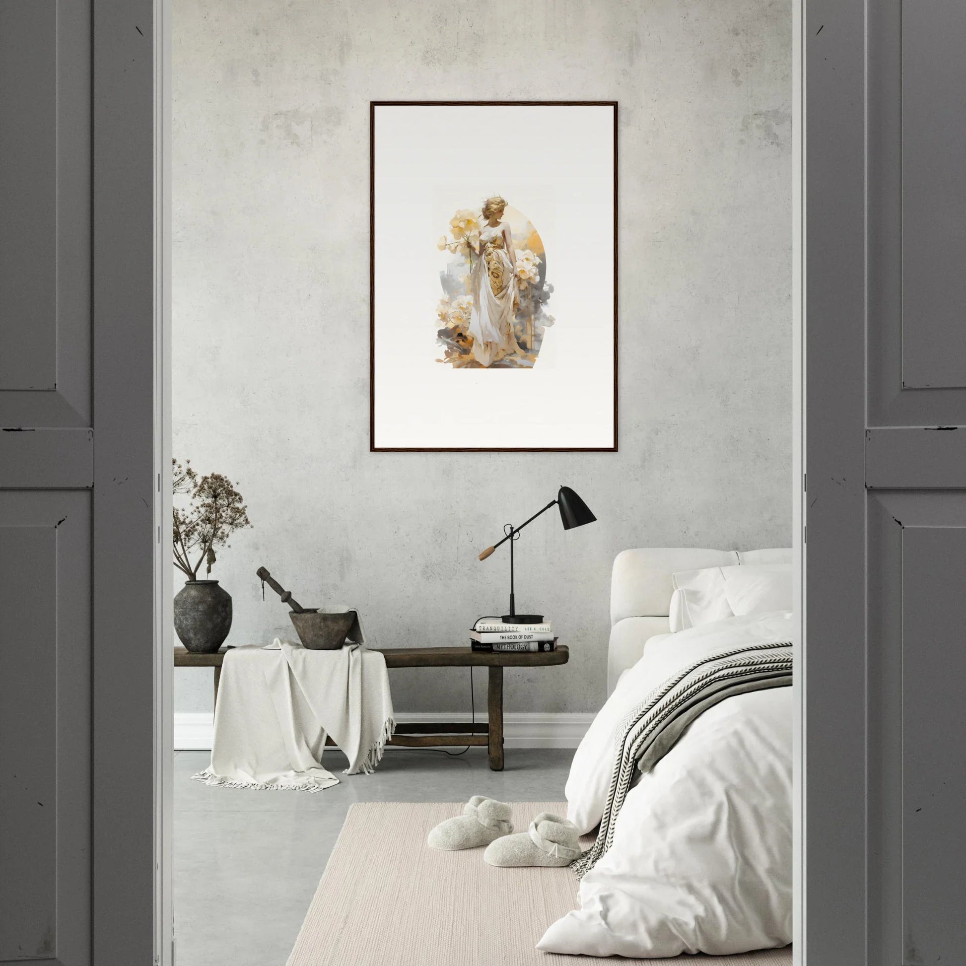 Framed wall art of an angel figure in soft tones for a blossom dream room decor