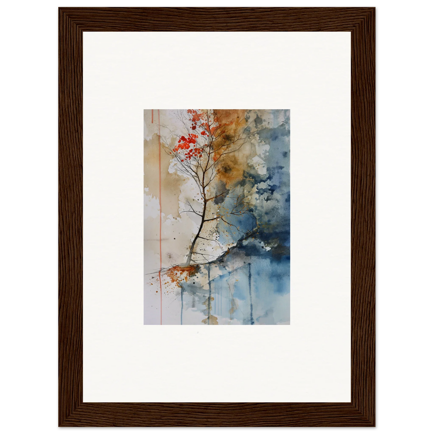 Framed watercolor painting of tree branch with red leaves for colorful room decor