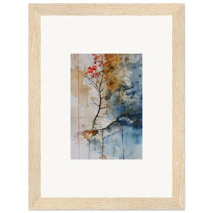 Framed watercolor painting of a tree branch with red leaves for room decor and spectrum spoon