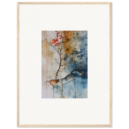 Framed watercolor tree branch wall art with red blossoms and a spectrum spoon design