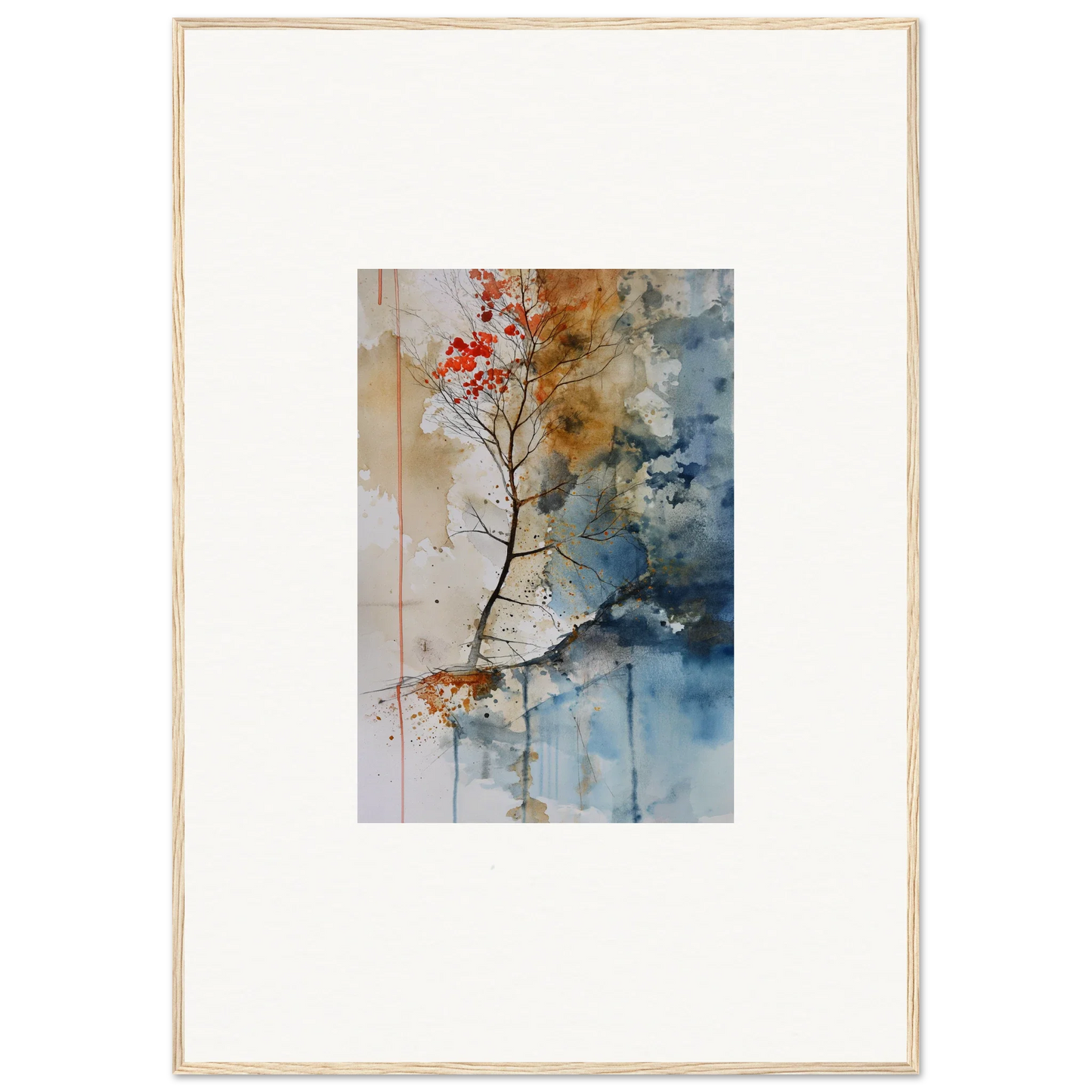 Framed watercolor painting of red blossoms, perfect for room decor and paired with a Spectrum Spoon