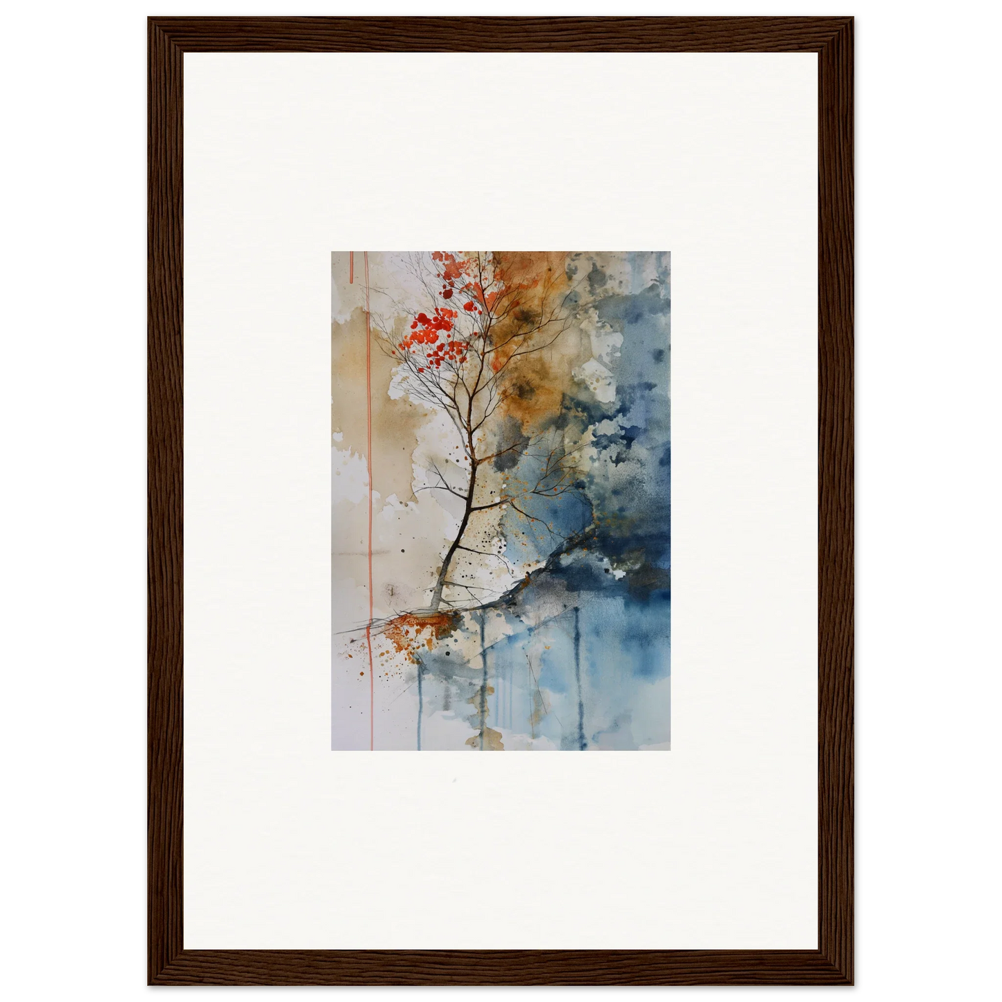 Framed wall art of a tree branch with red leaves, perfect for room decor with spectrum spoon