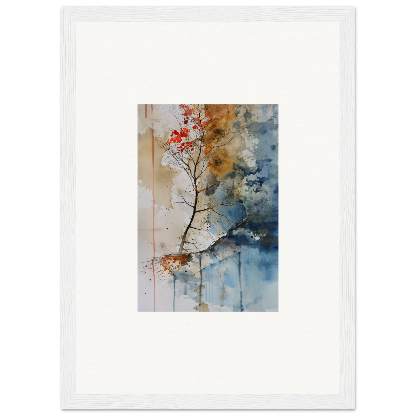 Framed watercolor painting of red-leafed branch, ideal room decor and companion to Spectrum Spoon