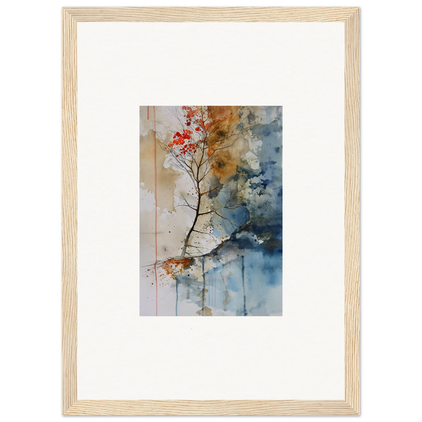 Framed watercolor painting of a red-leaved branch, perfect wall art for room decor