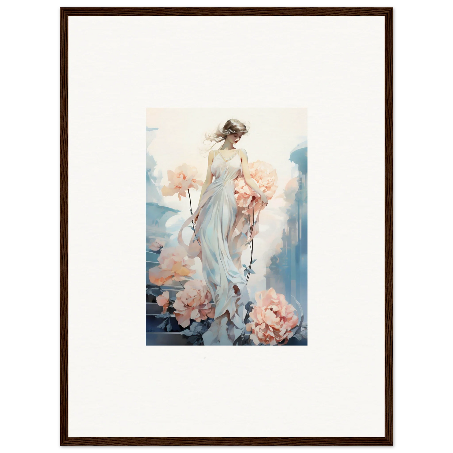 Framed wall art of an elegant woman in a white dress for floral ballet room decor