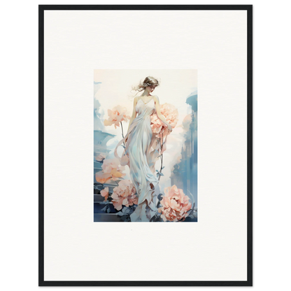 Framed wall art of an ethereal woman in a white dress for floral ballet room decor