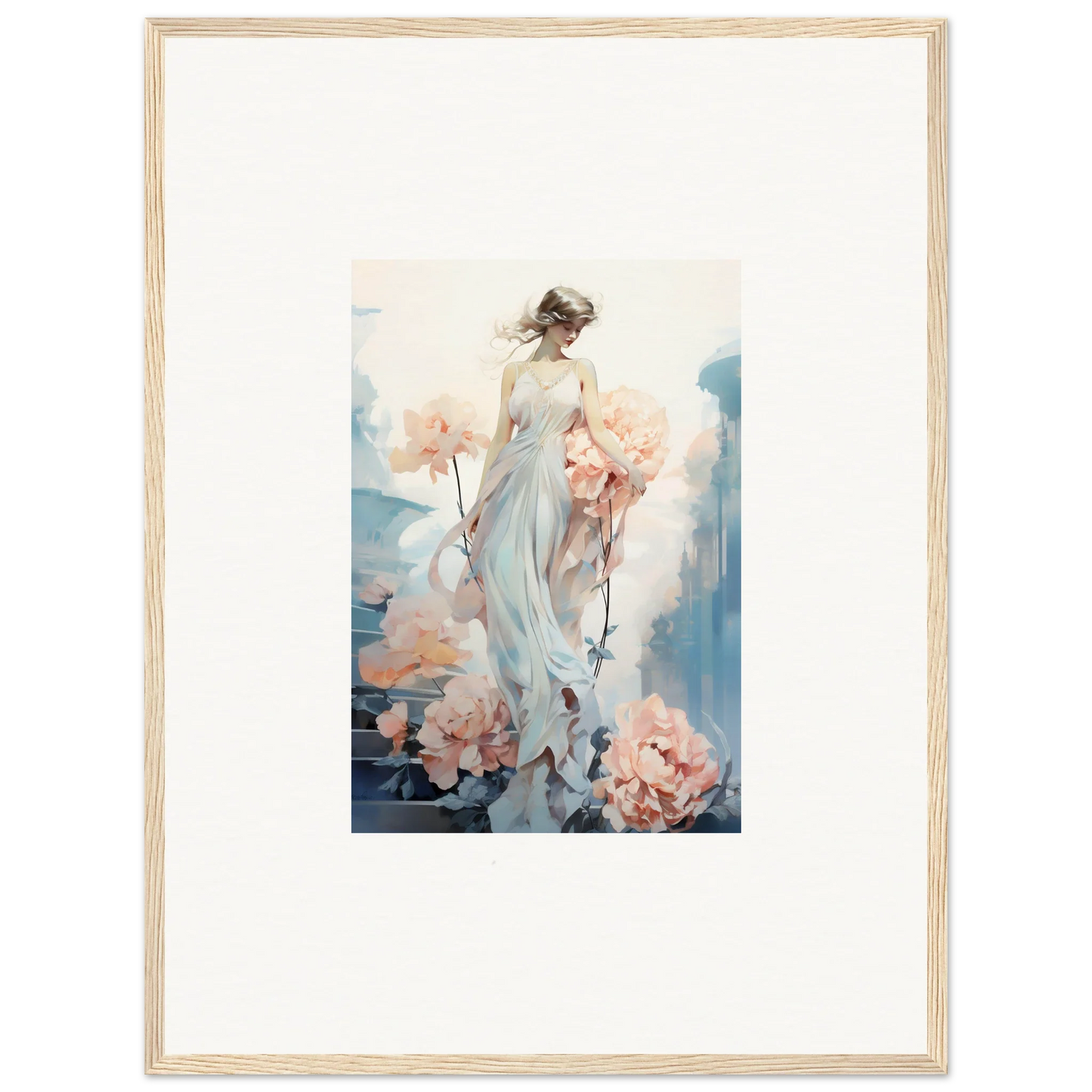 Framed wall art featuring a floral ballet with an ethereal female figure and pink flowers