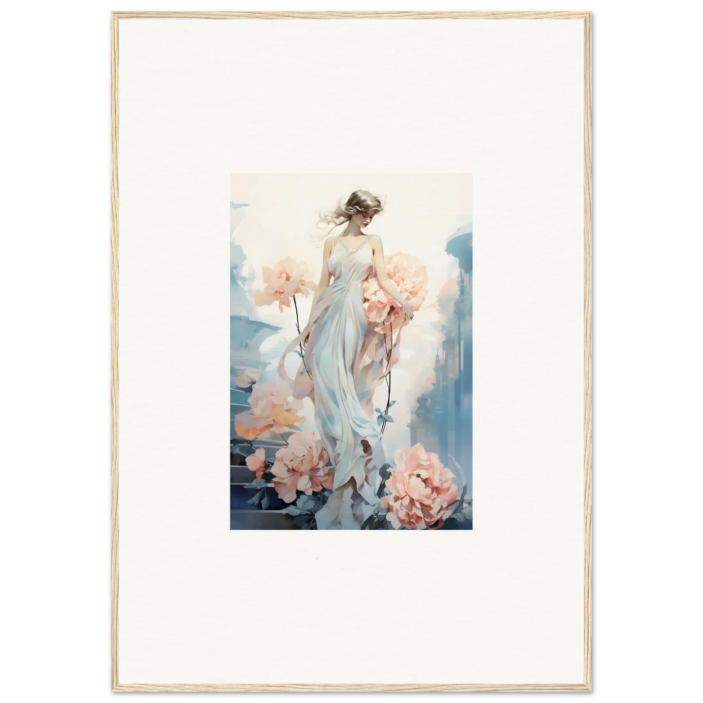 Framed watercolor artwork of floral ballet with ethereal female figure and pink flowers