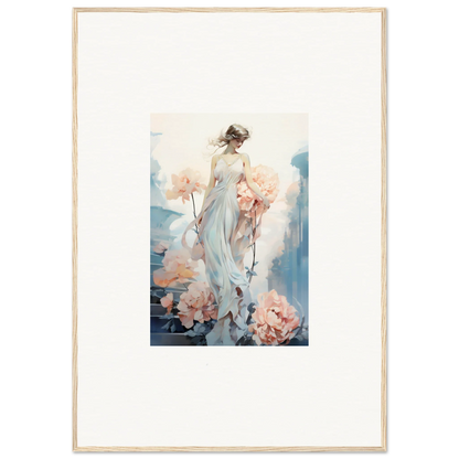 Framed watercolor artwork of floral ballet with ethereal female figure and pink flowers