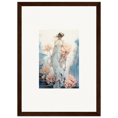 Framed watercolor floral ballet painting of an ethereal woman in soft flowers for room decor