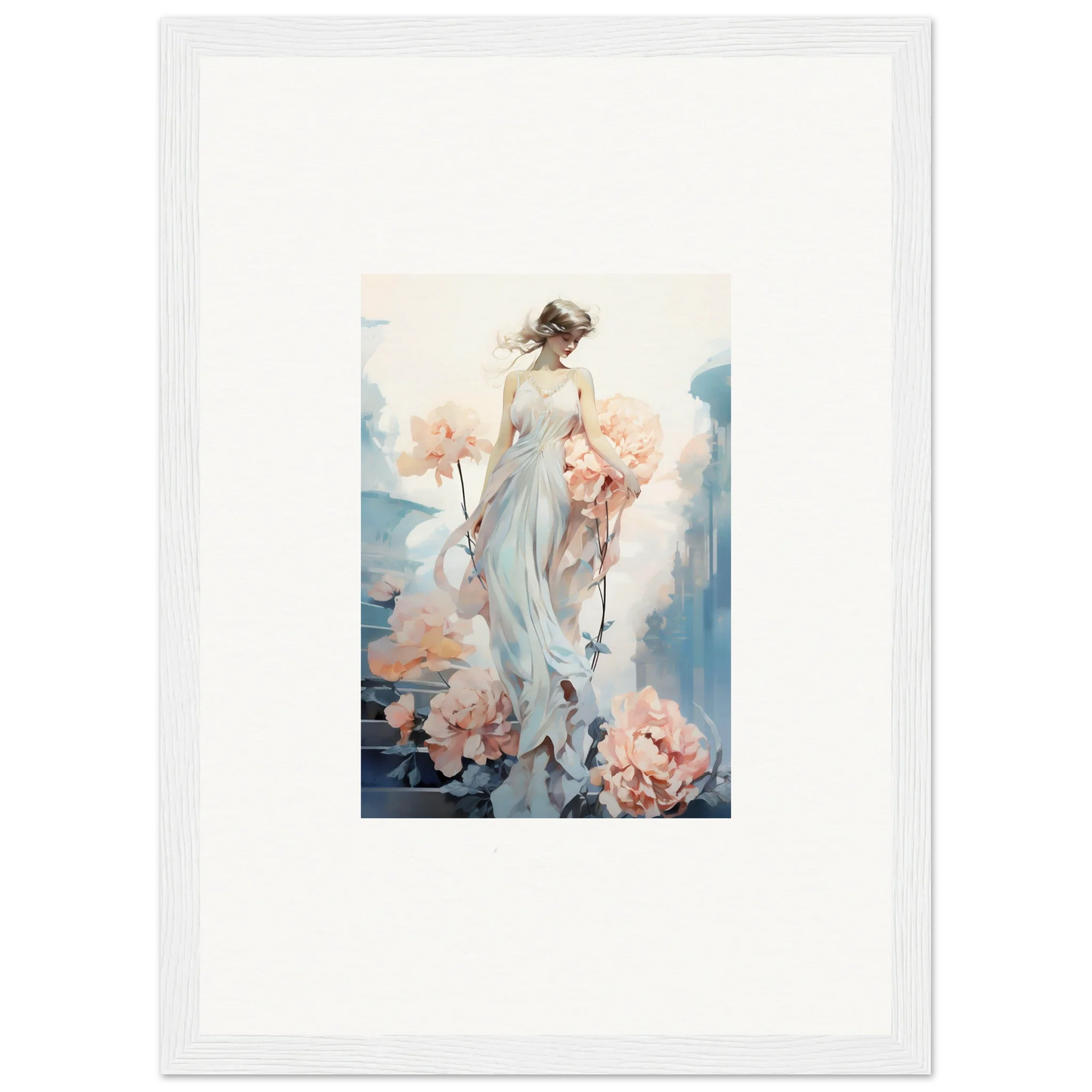 Framed watercolor painting of a female figure in floral ballet for elegant room decor