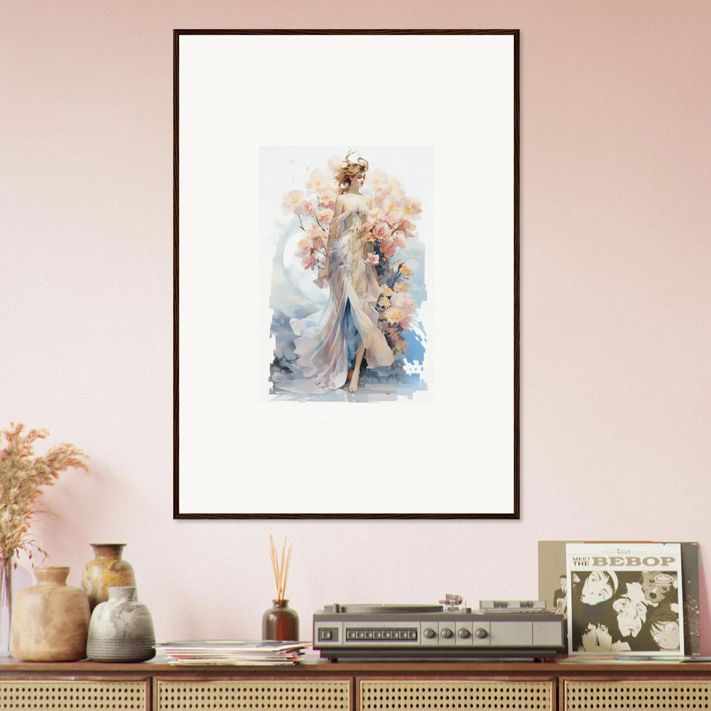 Framed watercolor painting of an ethereal figure and flowers for blush mirage room decor