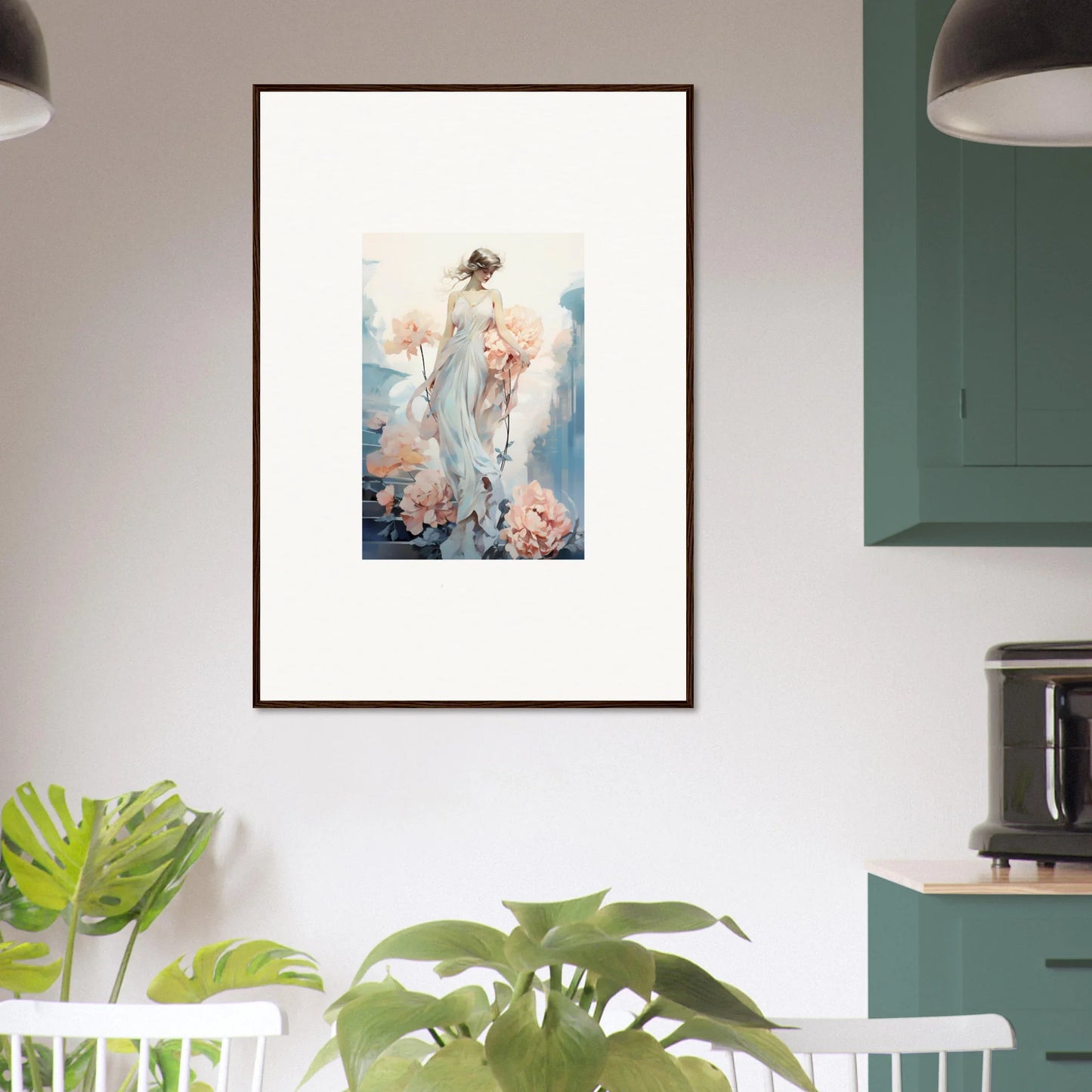 Framed watercolor painting of an ethereal female figure for floral ballet room decor