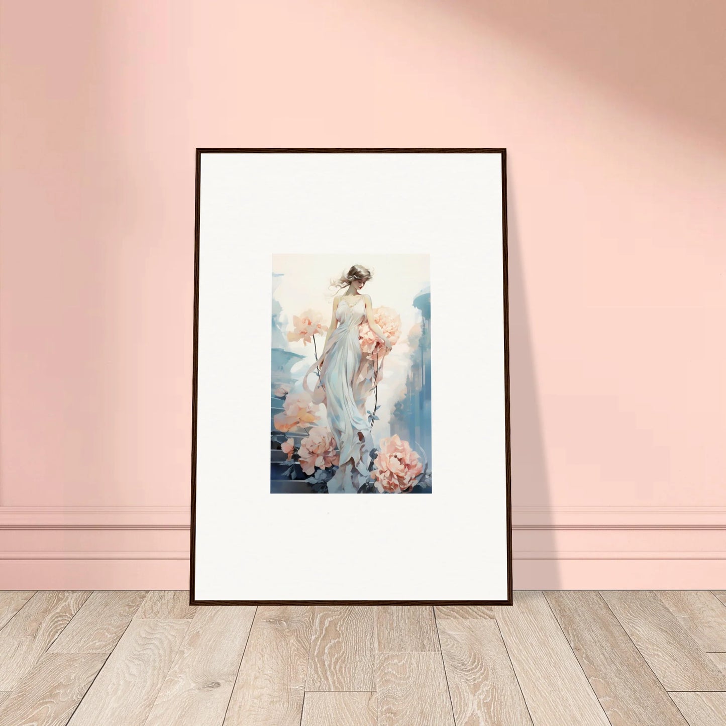 Framed watercolor painting of a figure in white dress for floral ballet room decor