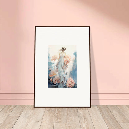 Framed watercolor painting of a figure in white dress for floral ballet room decor