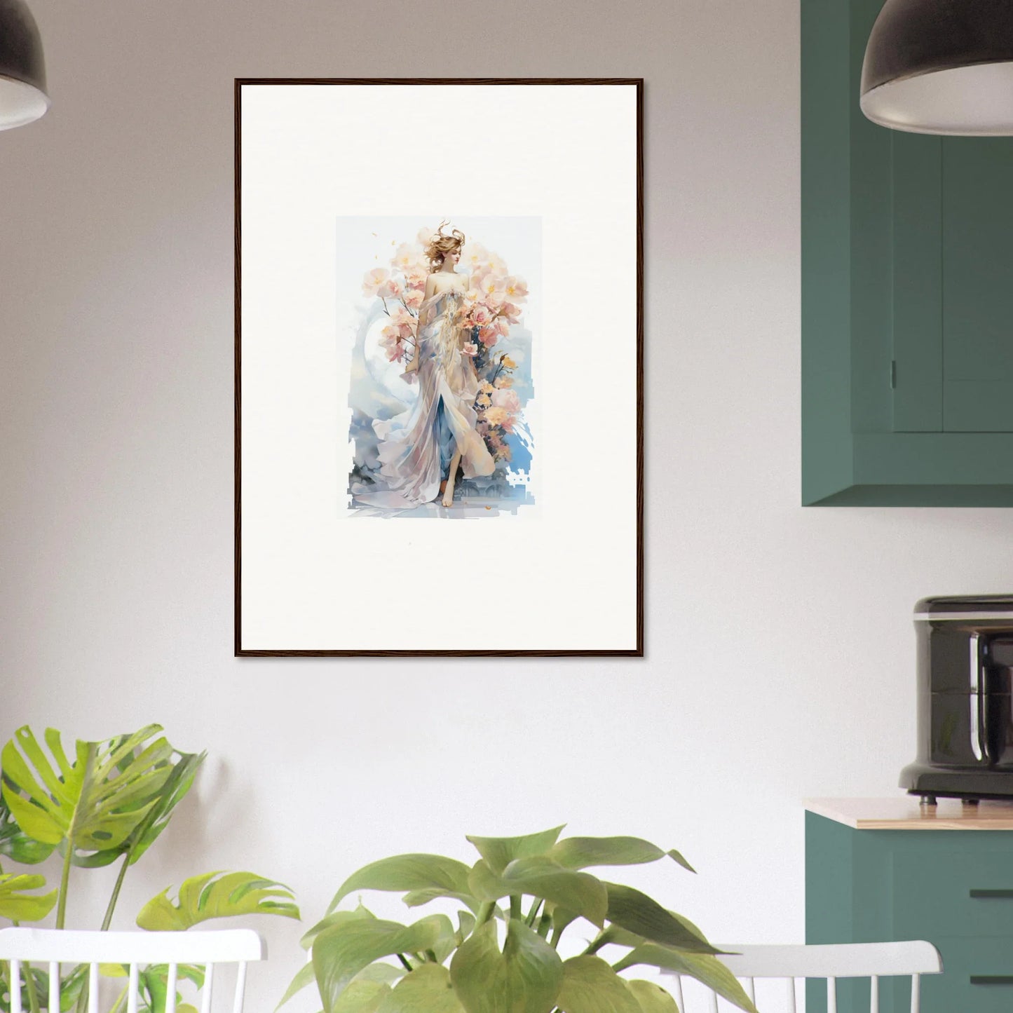 Framed wall art of graceful figure with floral elements in Blush Mirage room decor