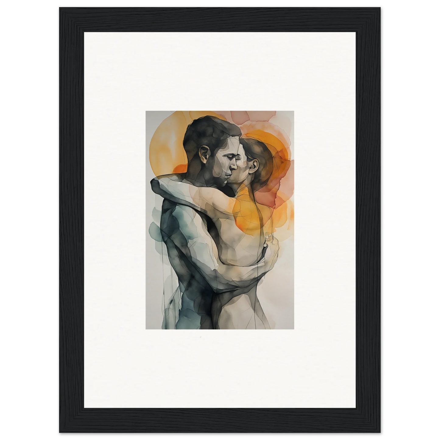 Framed watercolor painting of two figures in an embrace, perfect for morning dichotomy room decor