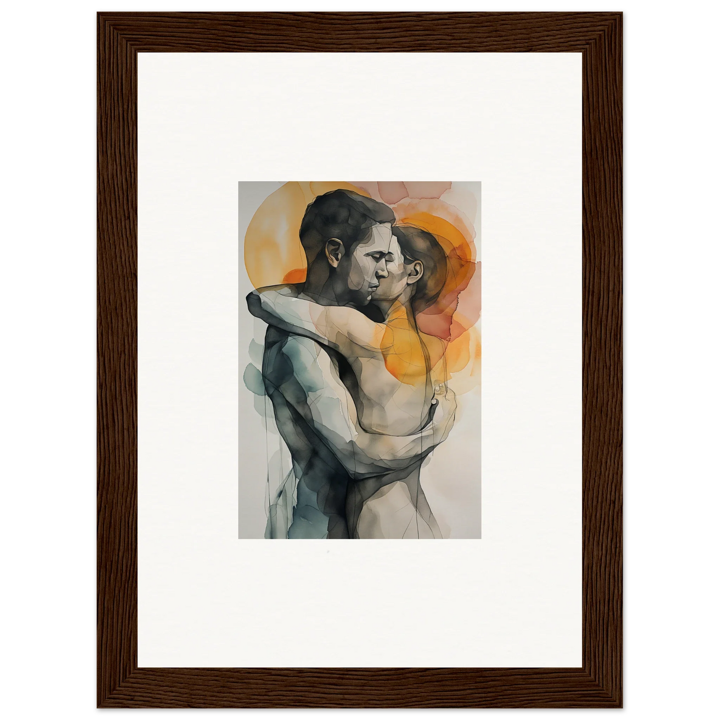 Framed watercolor painting of two figures embracing in morning dichotomy wall art