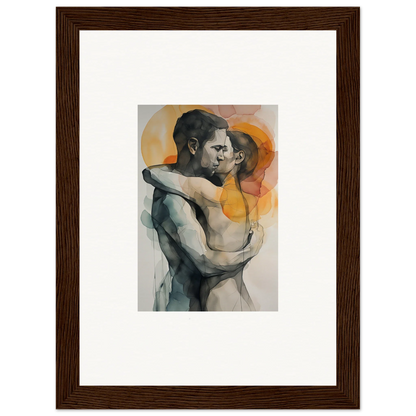 Framed watercolor painting of two figures embracing in morning dichotomy wall art