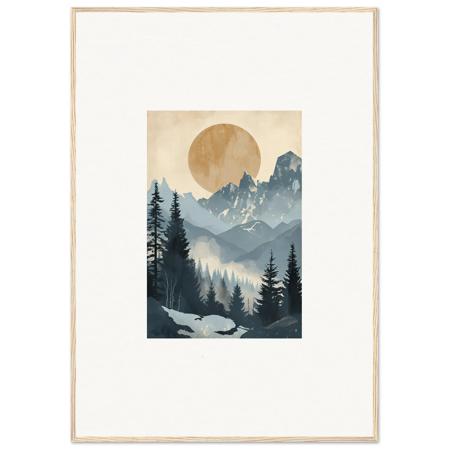 Framed wall art of an Alpine Serenade with a golden sun over a forest landscape