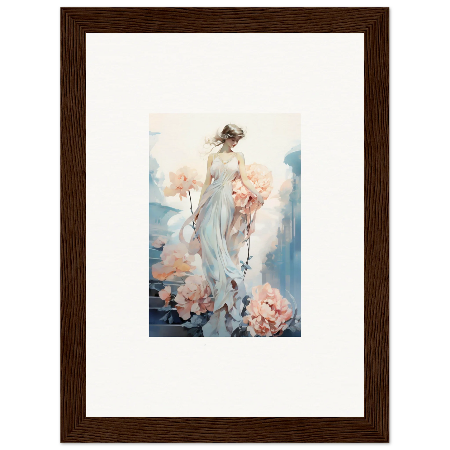 Framed watercolor of a woman in a flowing dress for floral ballet room decor