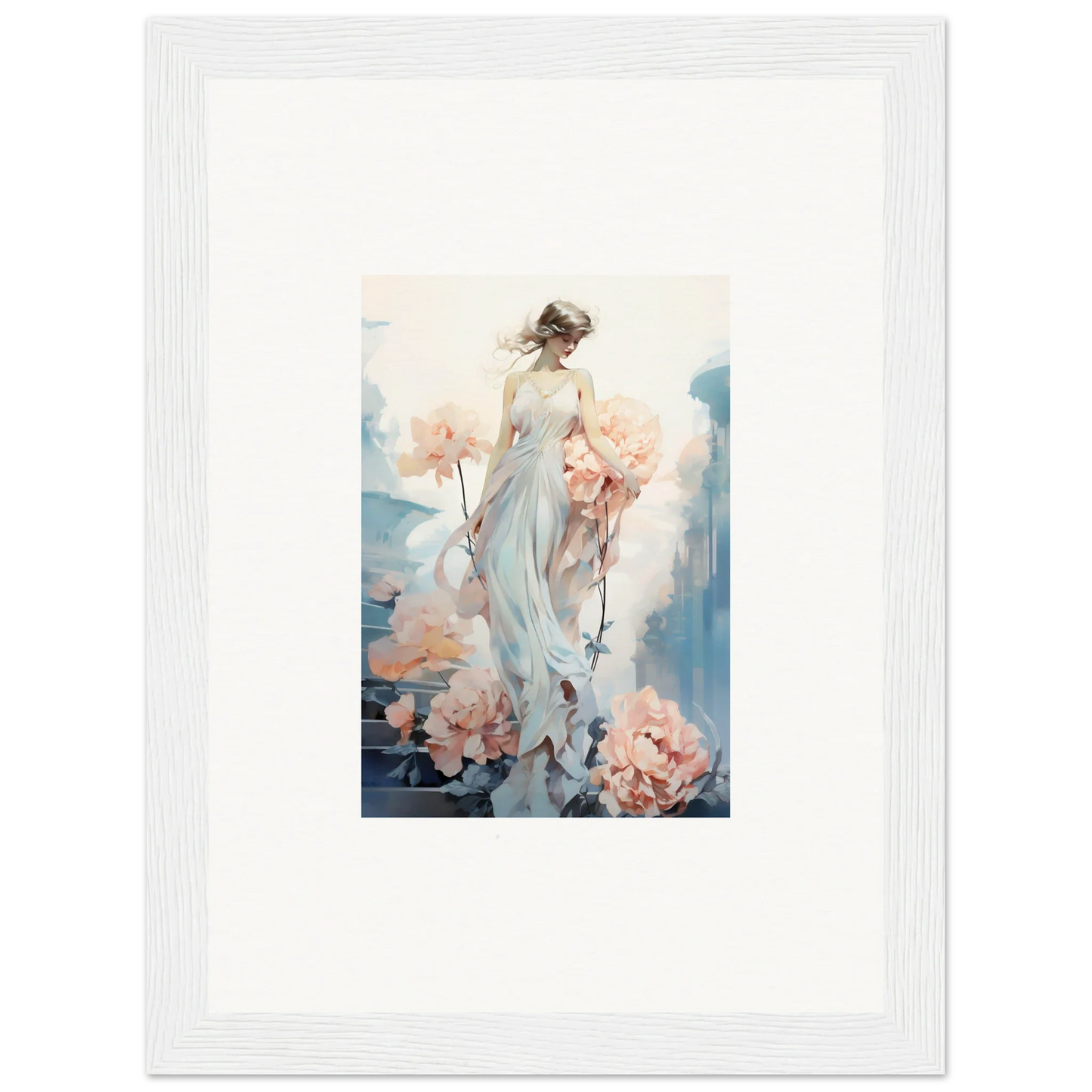 Framed watercolor of a woman in a flowing dress, perfect for floral ballet room decor