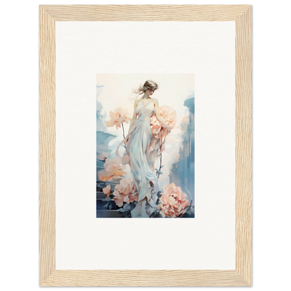 Framed watercolor wall art of a woman in a flowing dress and floral ballet elements