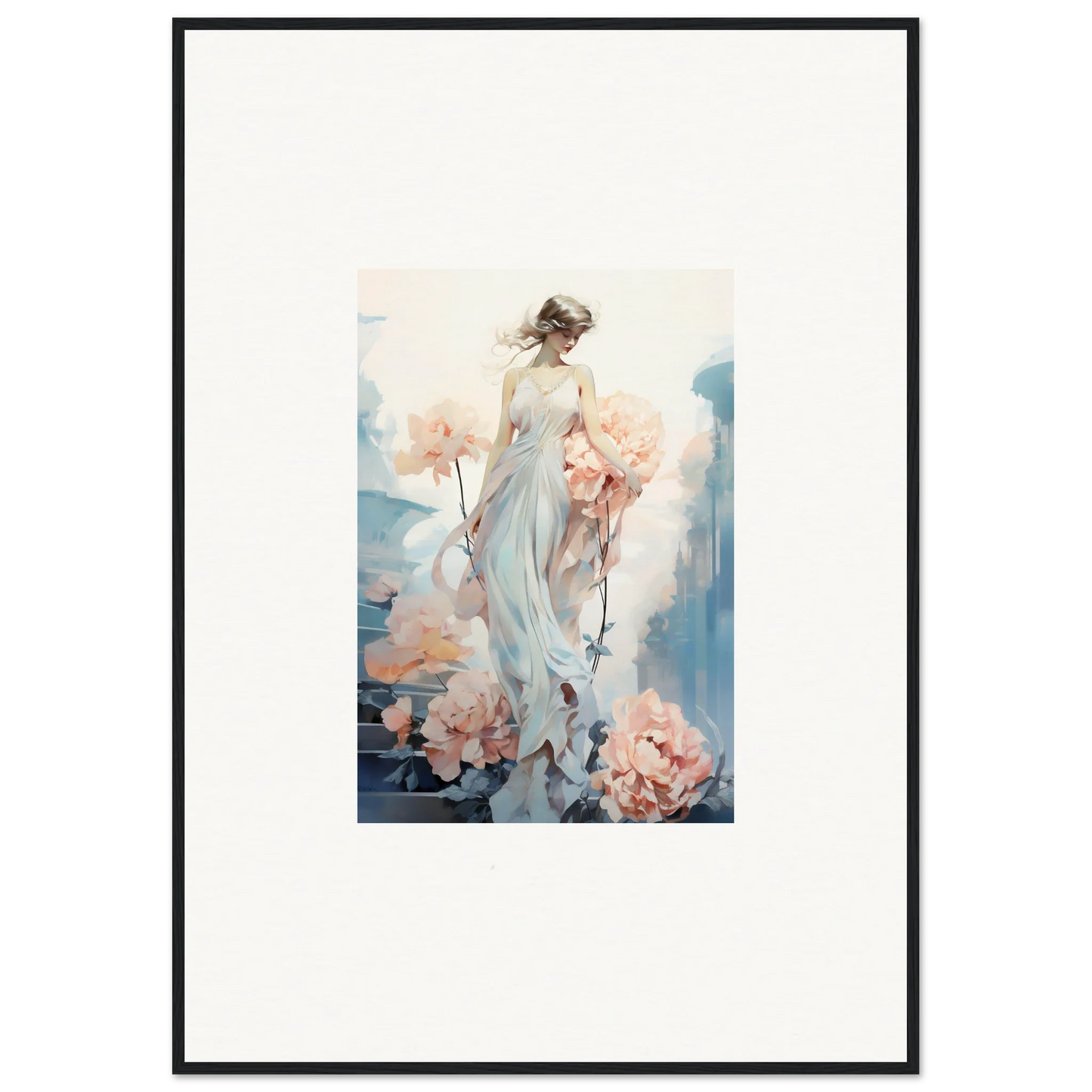 Framed wall art of a woman in a flowing dress for floral ballet room decor