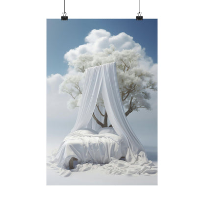 Canopy bed with white drapes set against a cloud-like backdrop.