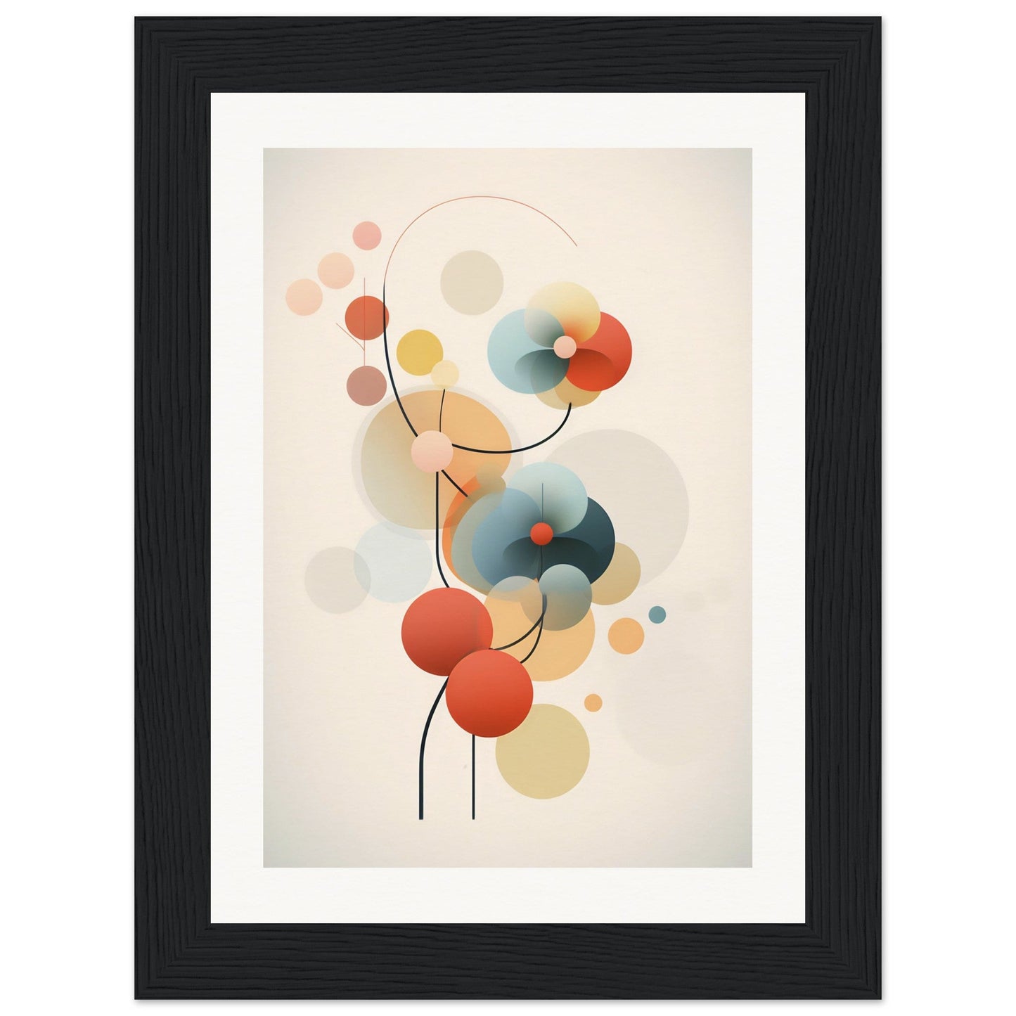 Abstract artwork featuring colorful overlapping circles and curved lines in muted tones.