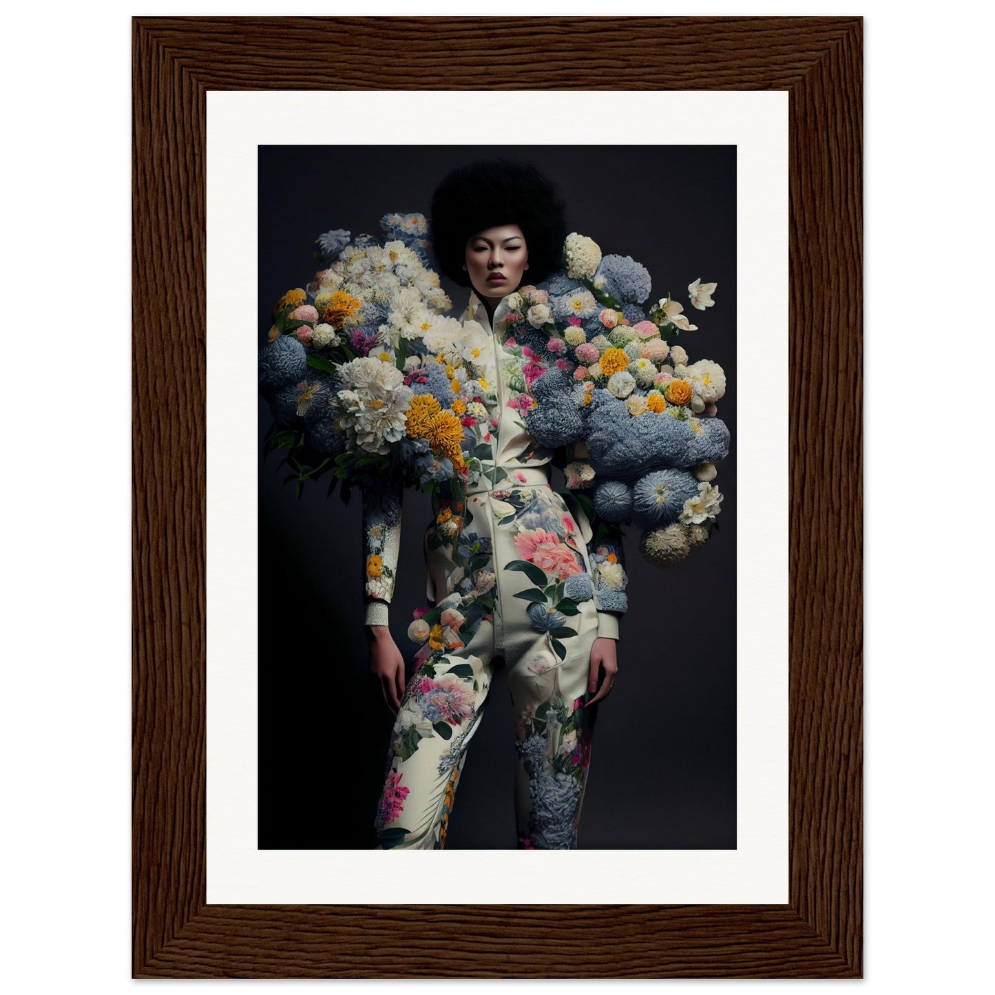 A person wearing an elaborate floral and cloud-like costume against a dark background.