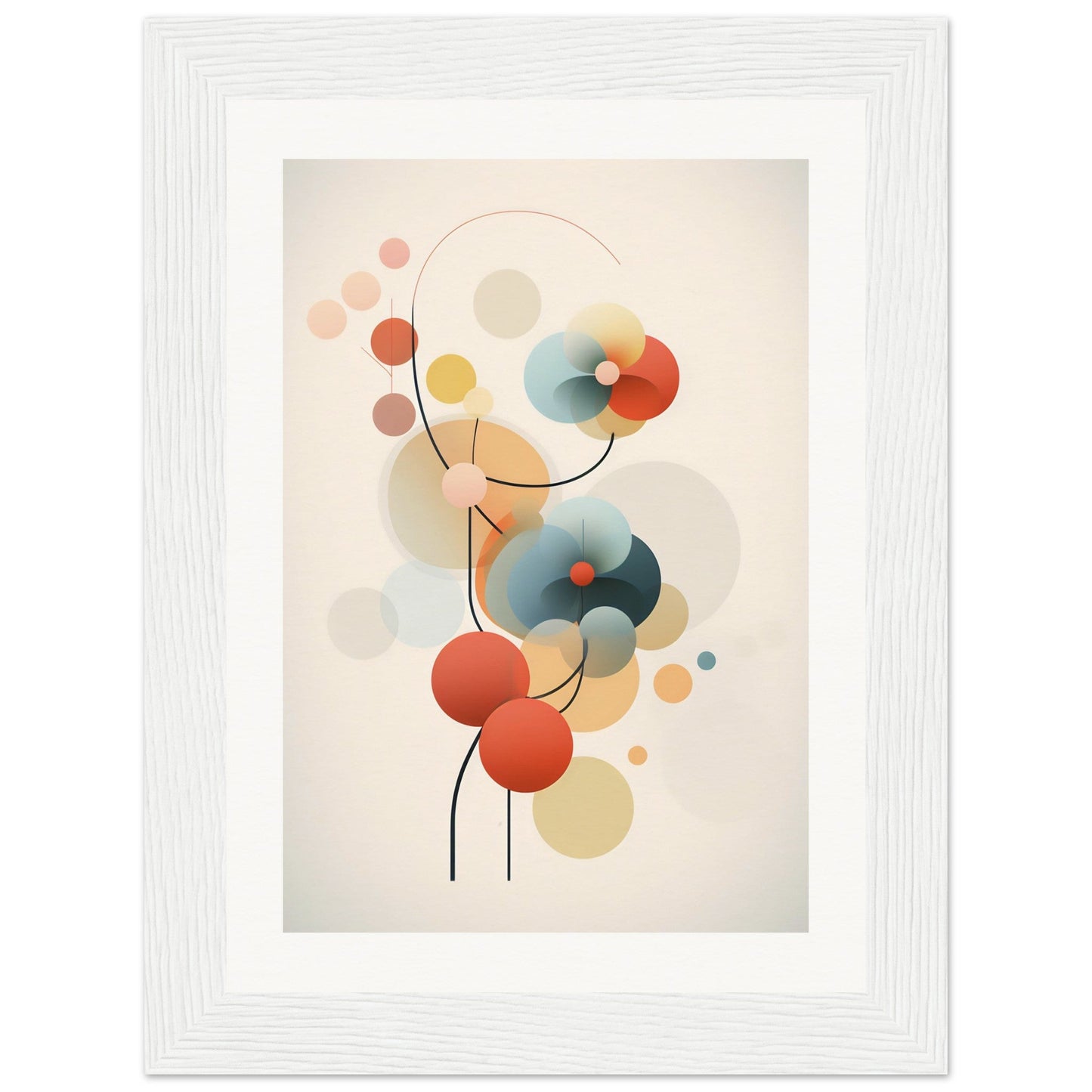 Abstract artwork featuring colorful circular shapes connected by curved lines.