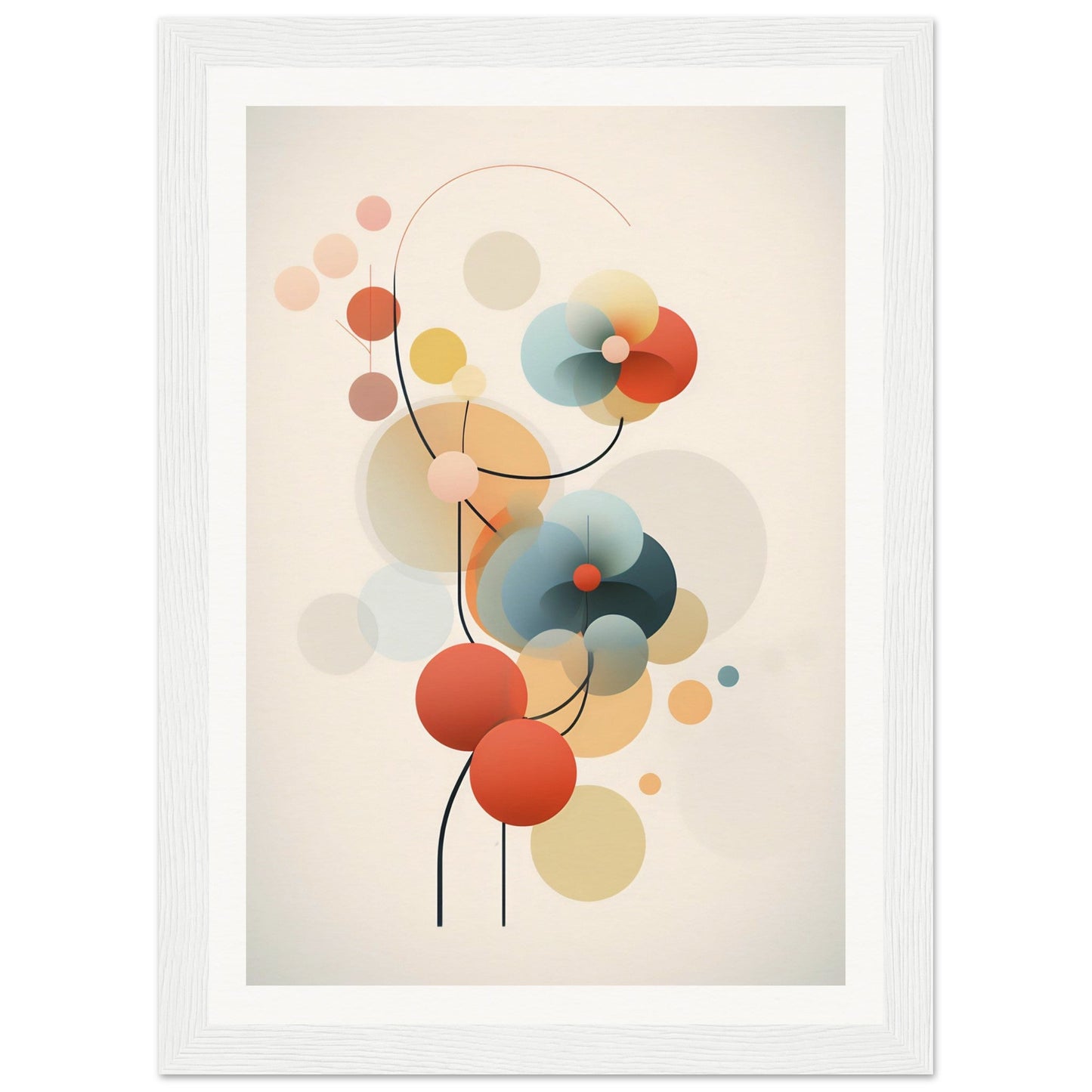 Abstract artwork featuring colorful circular shapes and curved lines in a minimalist style.