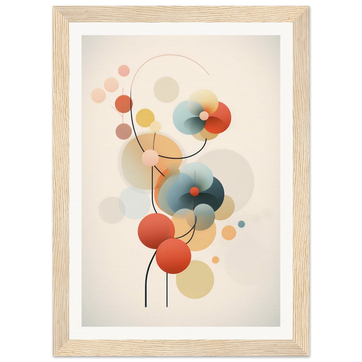 Abstract artwork featuring colorful circular shapes and curved lines in a minimalist style.