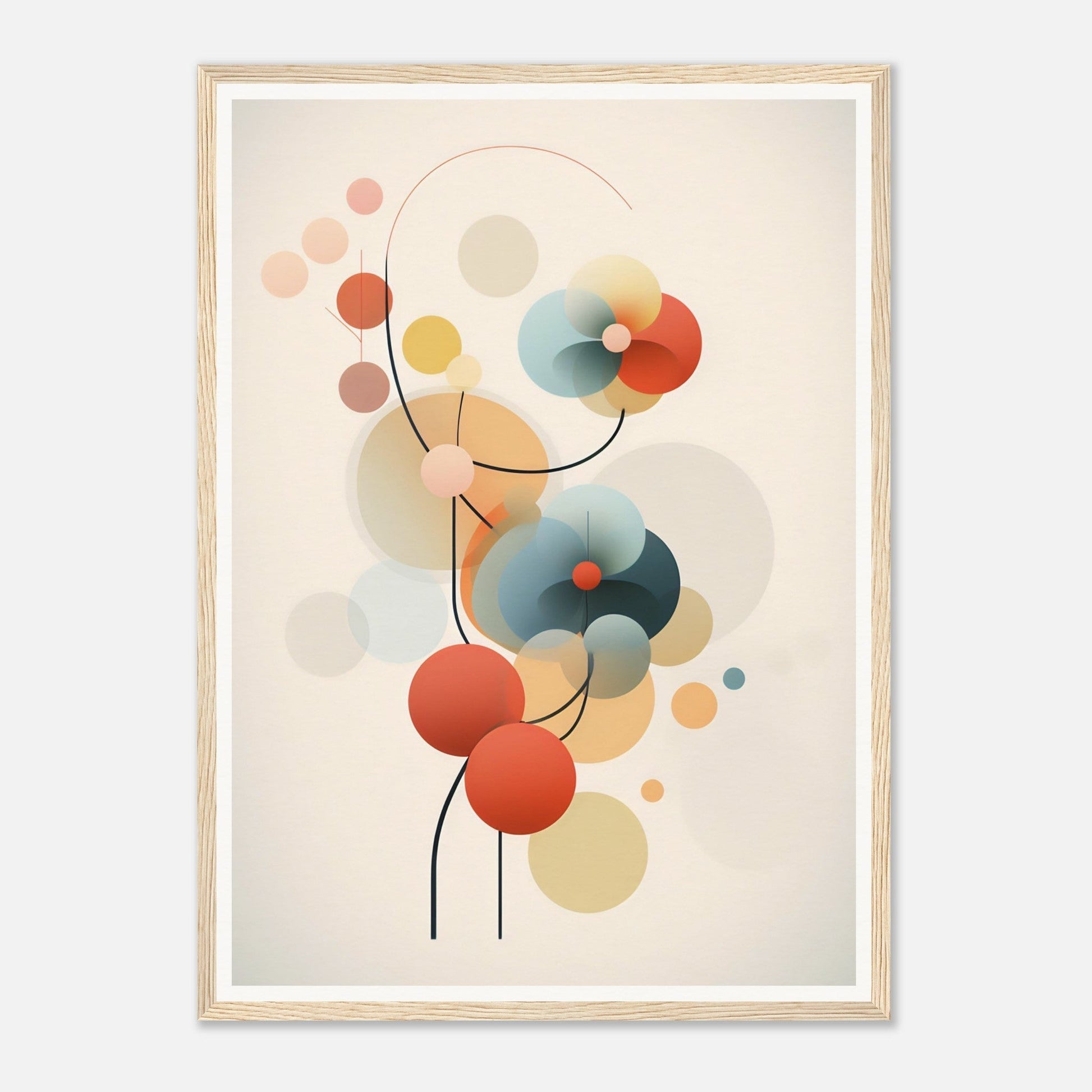 Abstract composition of colorful geometric shapes and curved lines resembling stylized flowers or plants.