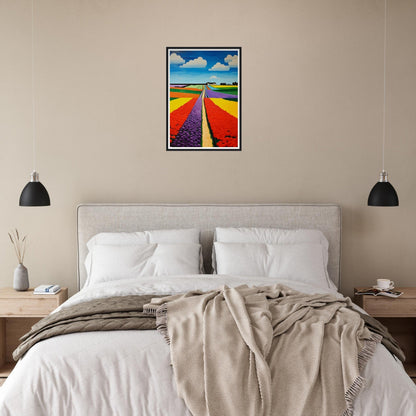 Colorful painting of vibrant flower fields hanging above a bed.