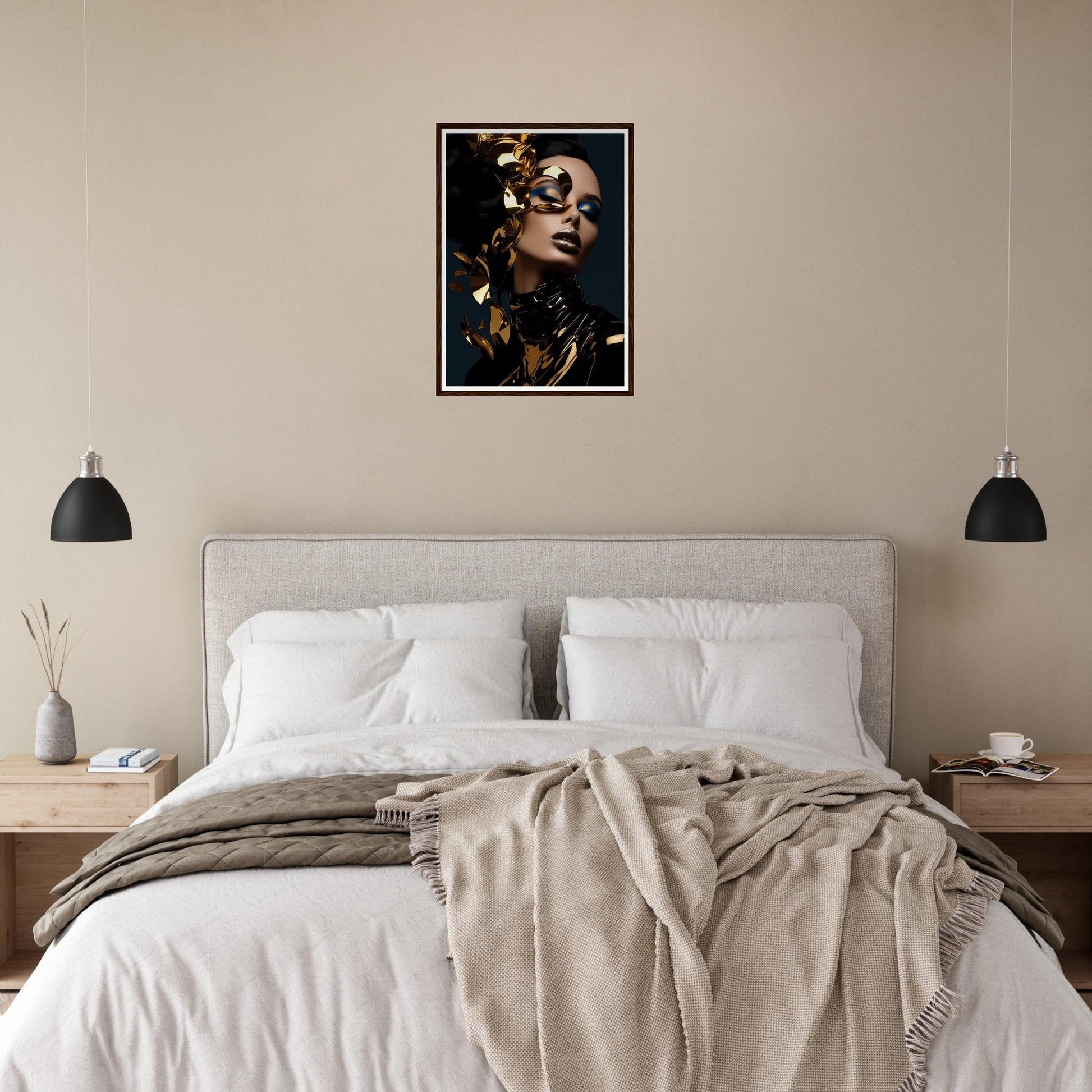 Bed with white linens, beige headboard, and neutral-toned throw blanket, flanked by pendant lights and featuring a framed portrait above.