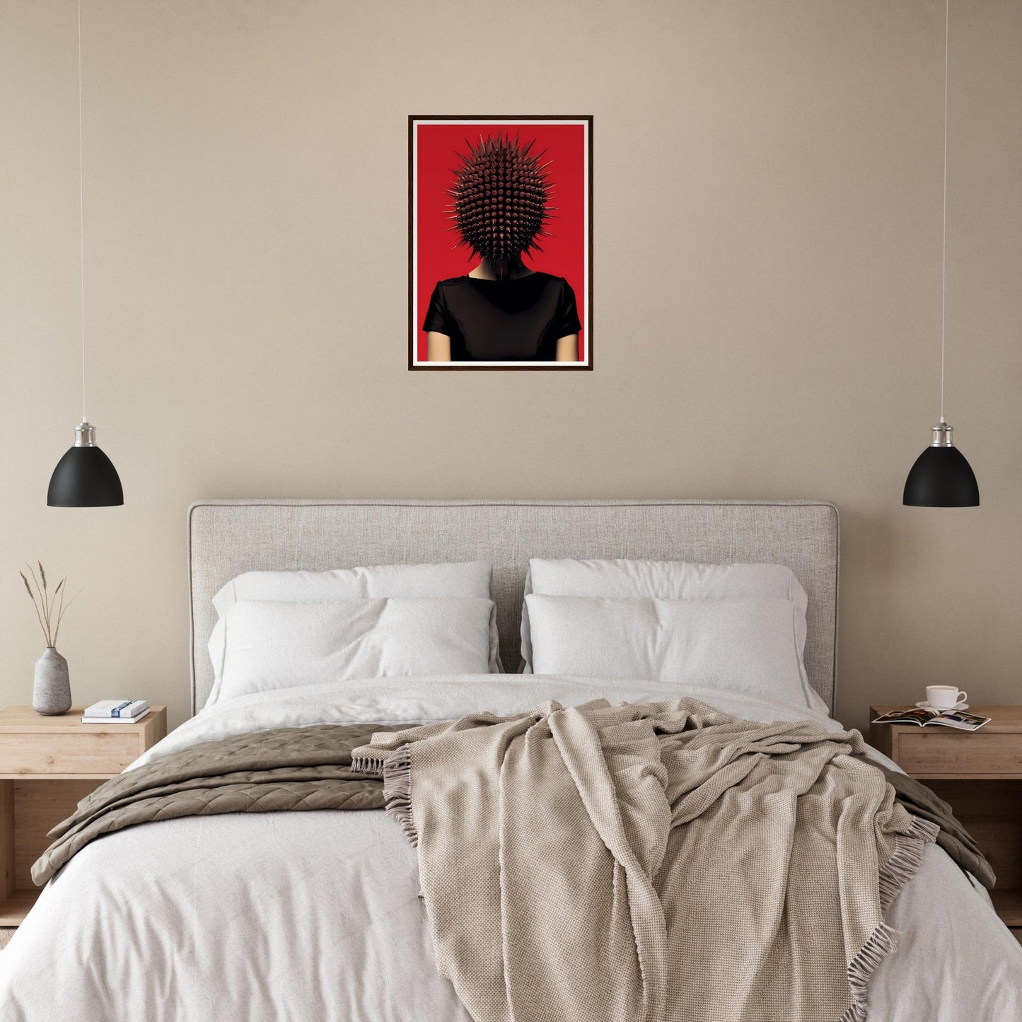 Bedroom with a striking red and black portrait hanging above the headboard.