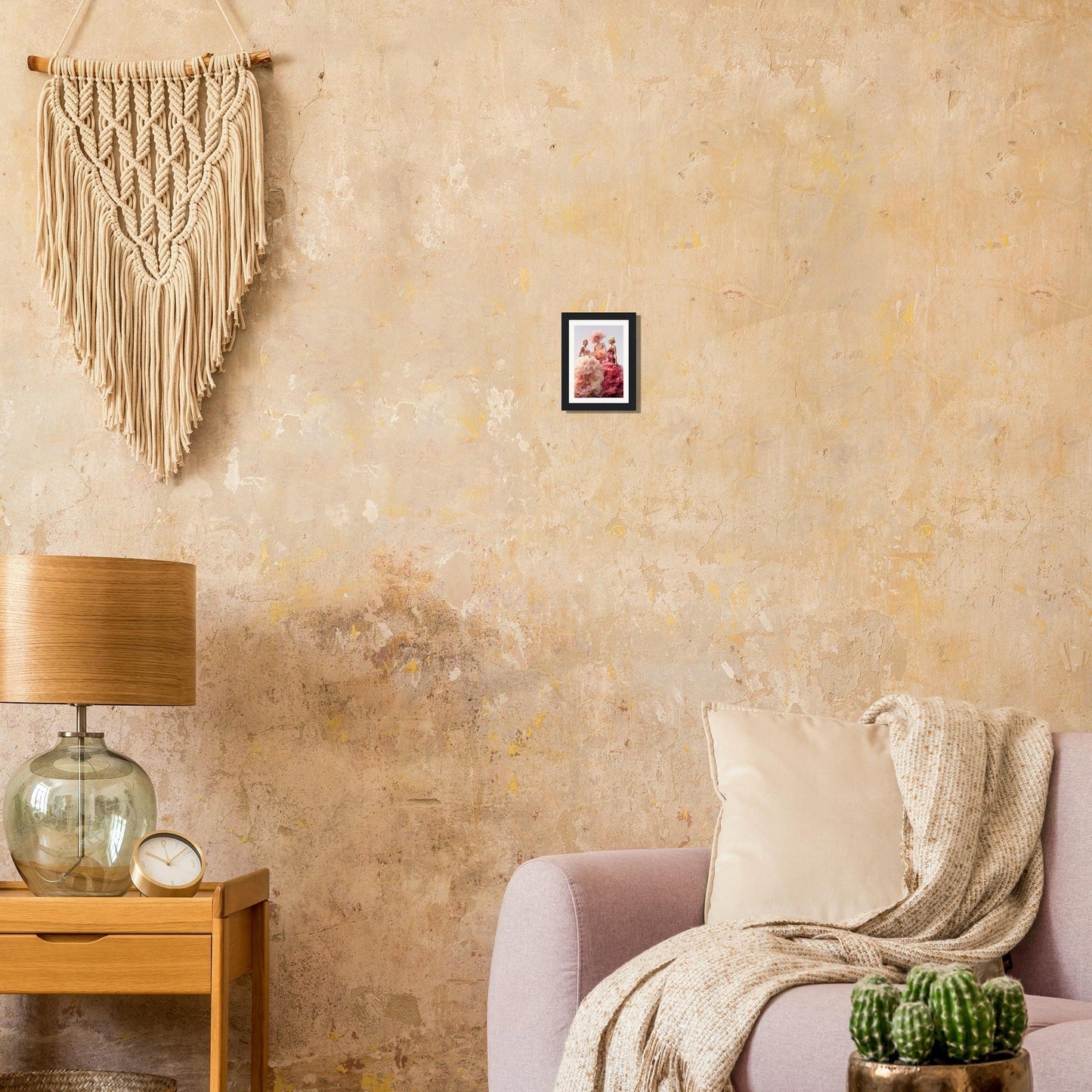 Cozy living room corner with a pale armchair, macramé wall hanging, and side table with lamp.