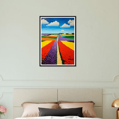 Colorful painting of vibrant flower fields stretching towards the horizon.