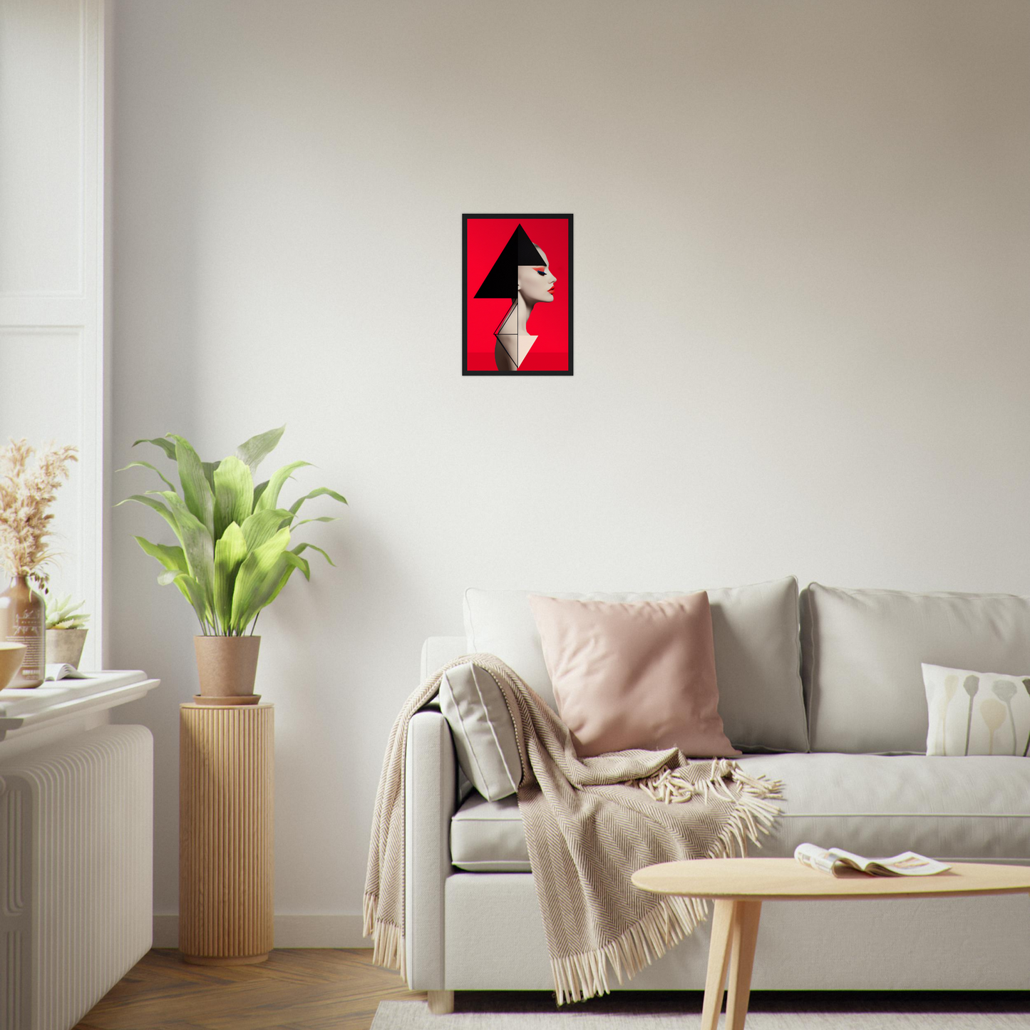 Cozy living room with a light gray sofa and modern wall art.