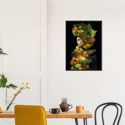 Surrealist portrait combining a person’s profile with colorful fruits and vegetables.