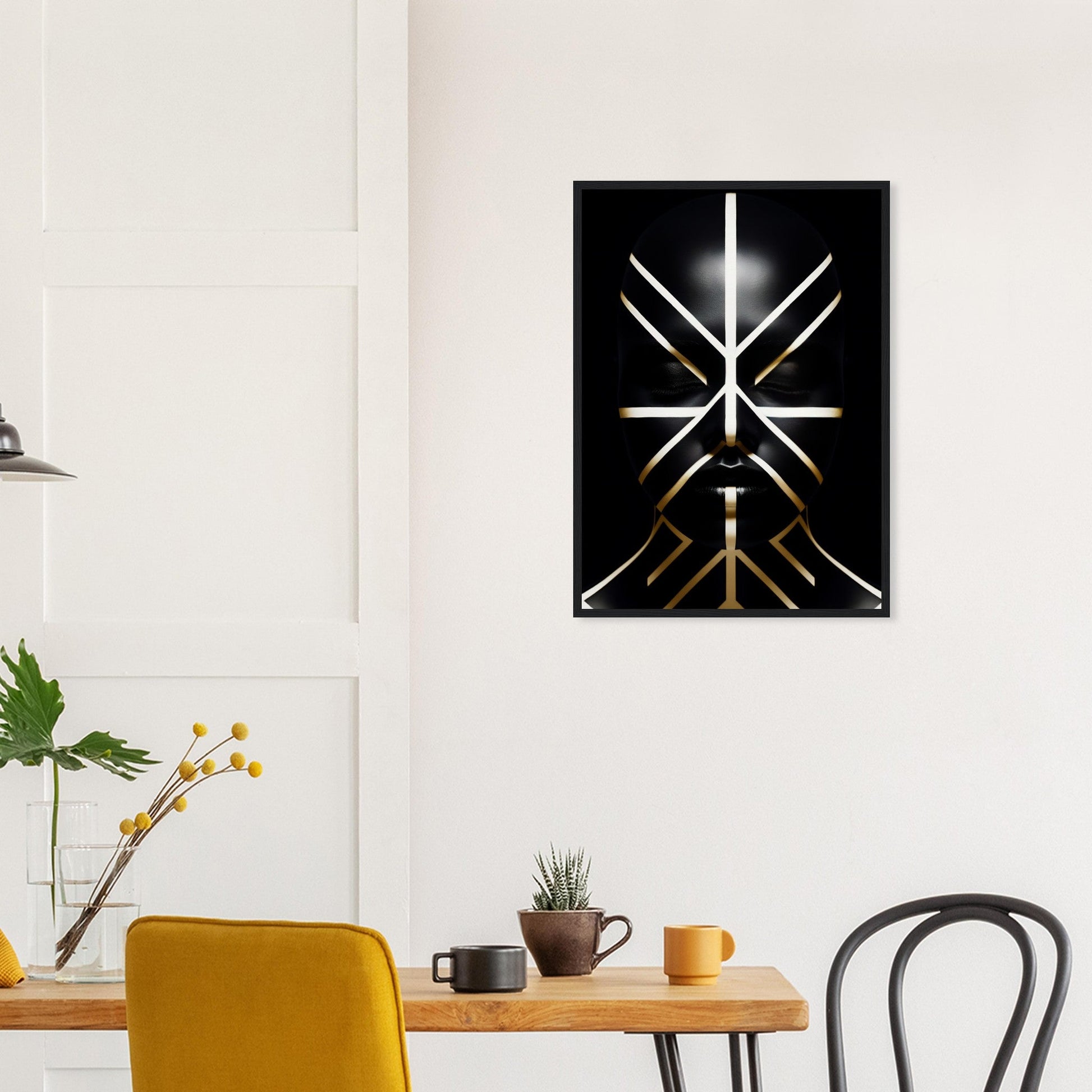 Abstract geometric artwork featuring intersecting white and gold lines on a black background.