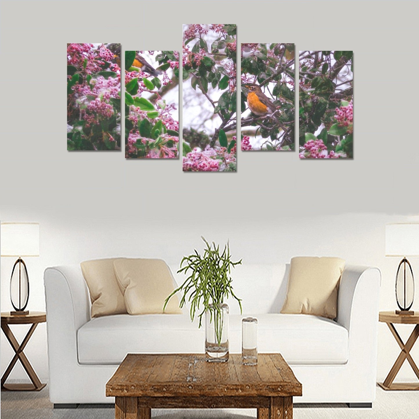 Transform your space with the Bird Tree - Canvas Wall Art Prints (No Frame) 5-Pieces/Set E showcasing a white couch in a living room.
