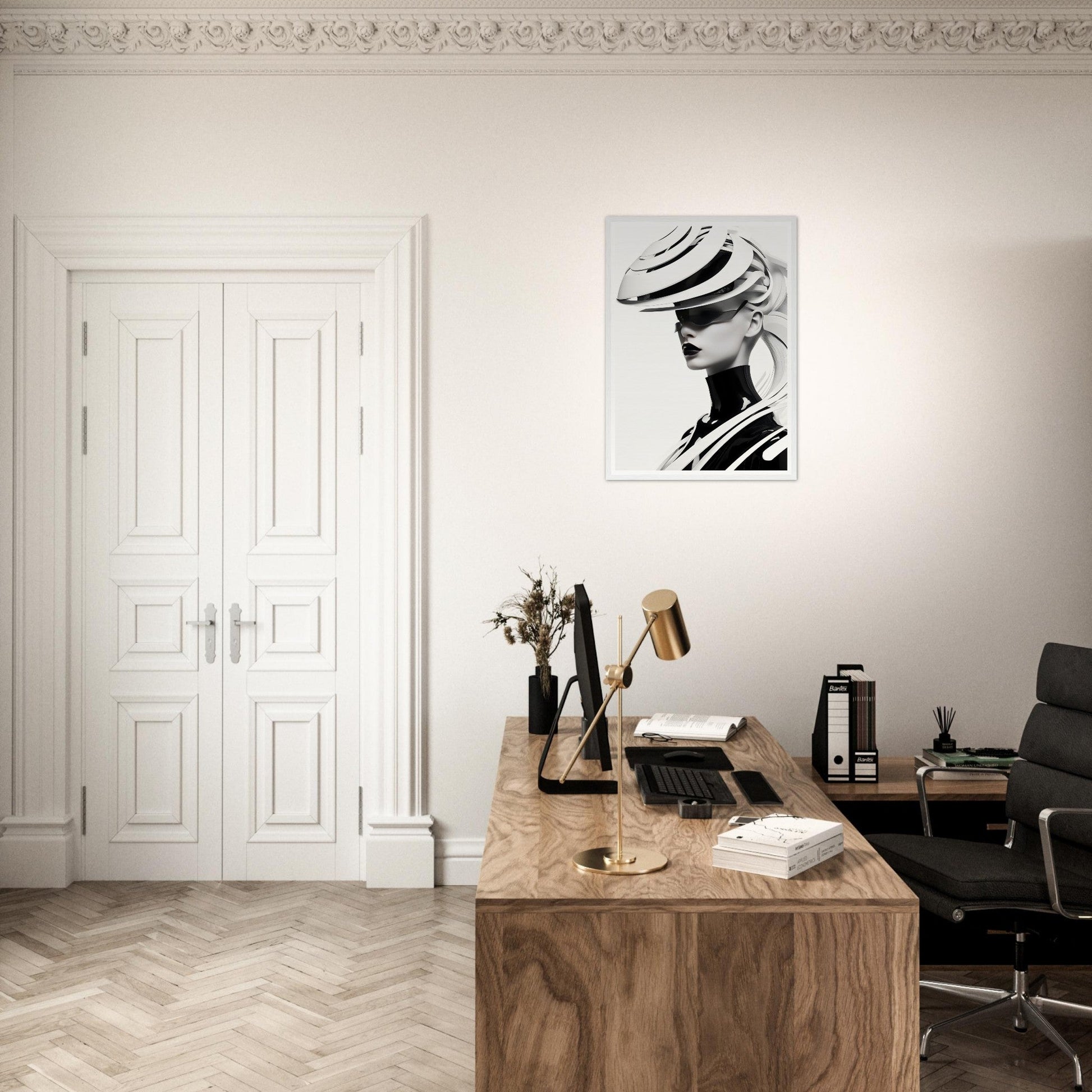 Wooden desk with various office supplies and a decorative artwork on the wall above.