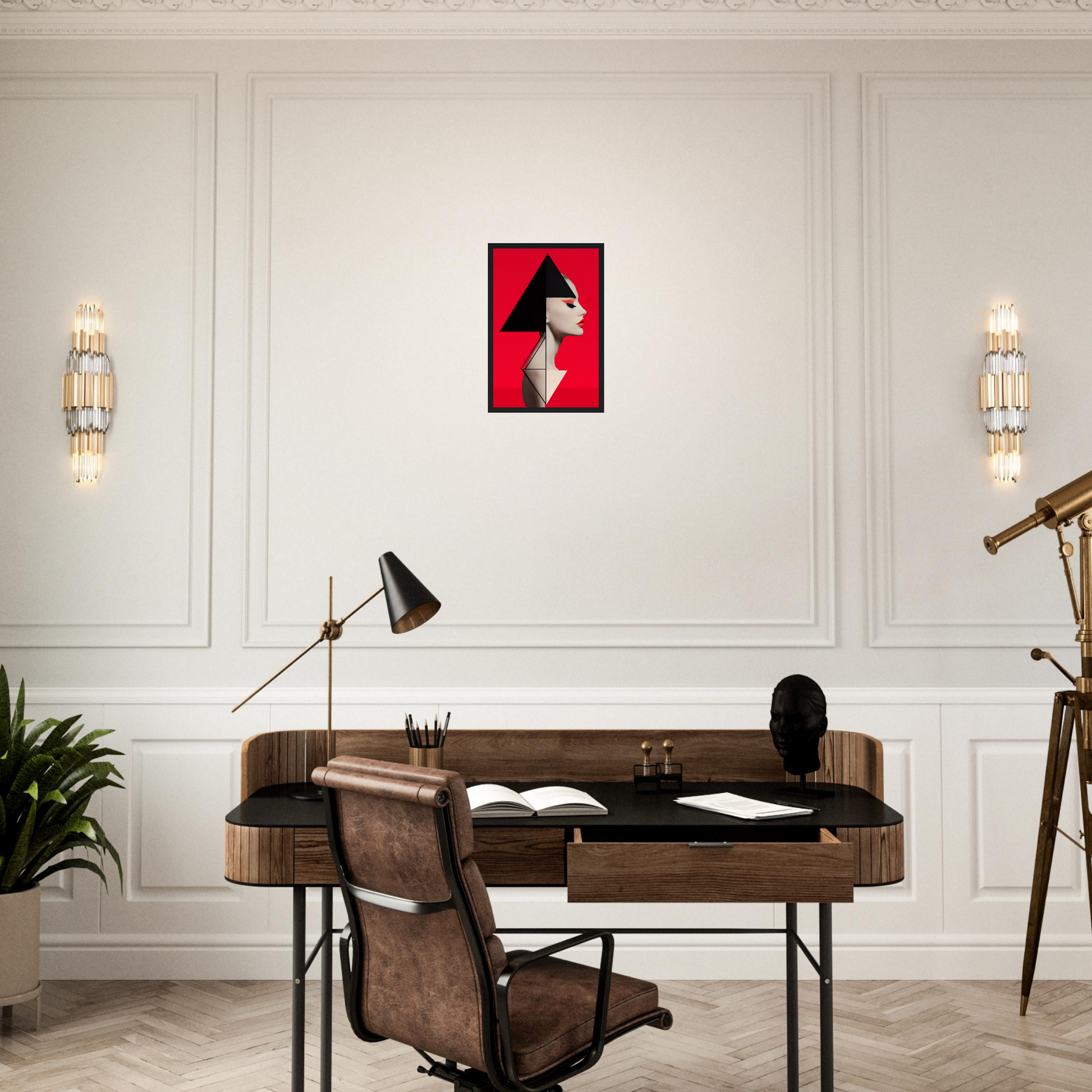 Wooden desk with a leather chair in a home office setting.